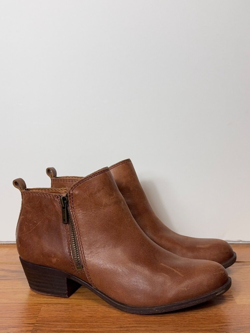 Lucky Brand Basel Leather Ankle Booties Women's 8.5 Brown Side Zip Block Heel - Picture 3 of 14